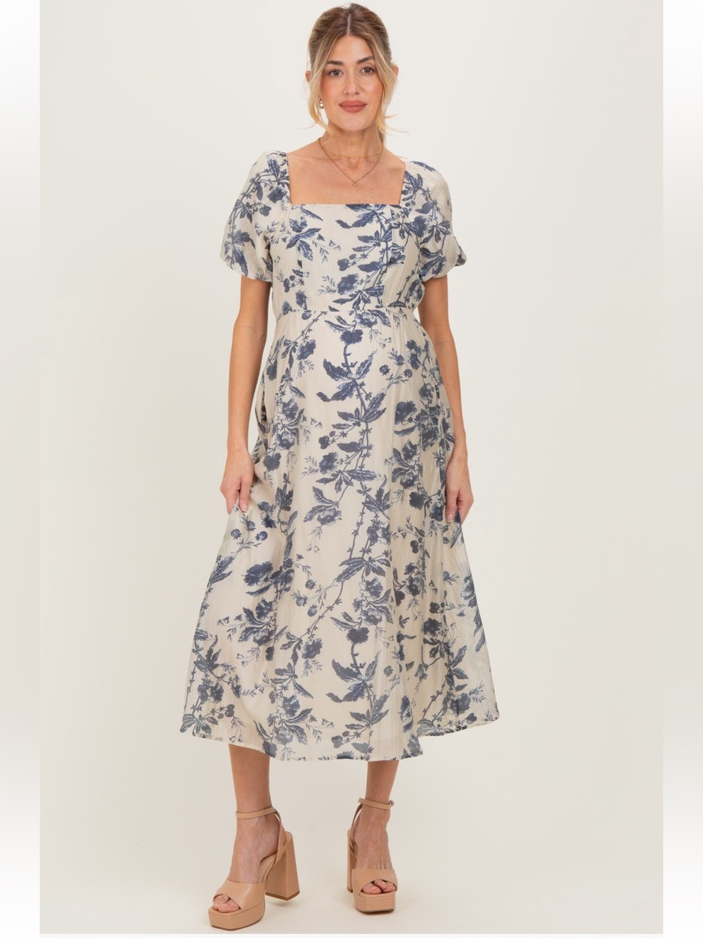 PinkBlush Floral Square-Neck Midi Dress in Maternity